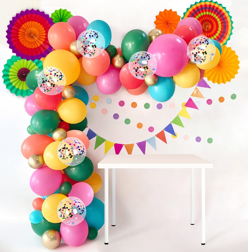 Geefuun Cinco De Mayo Fiesta Party Decorations - Mexican Themed Balloons Garland Arch Kit + Paper Fans for Birthday Decor Supplies (No Air Pump,Dot&Pennant Banner) - Image 1