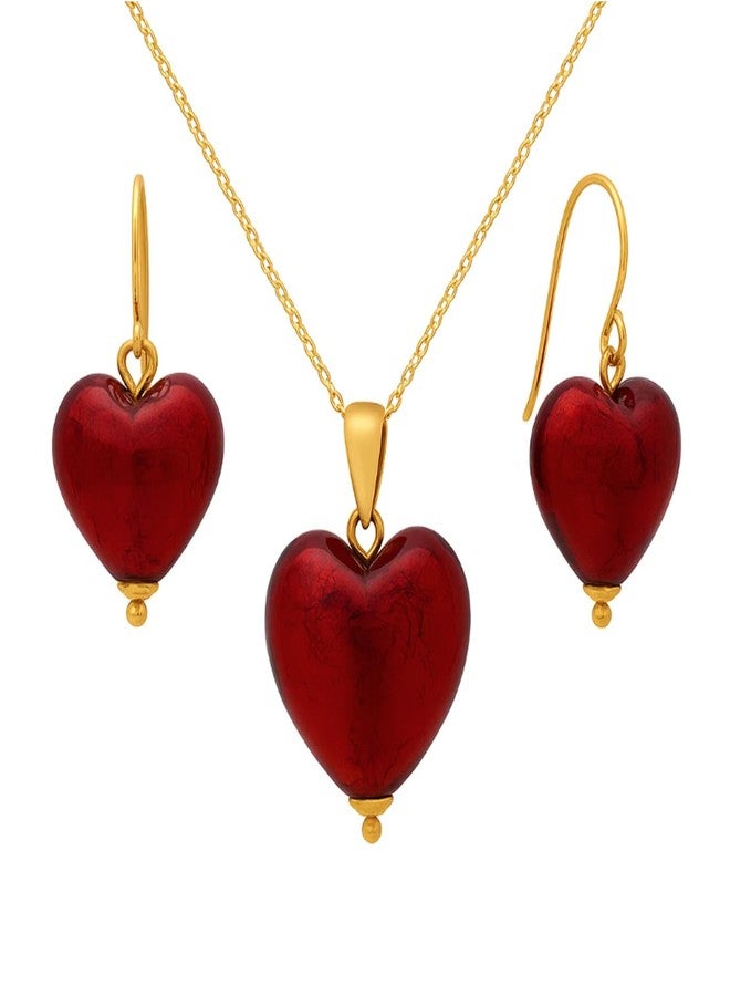 Belacqua 10k Yellow Gold Synthetic Ruby Jewelry Set for Women | Heart Pendant Necklace with Earring | Gift Box Included - Image 1