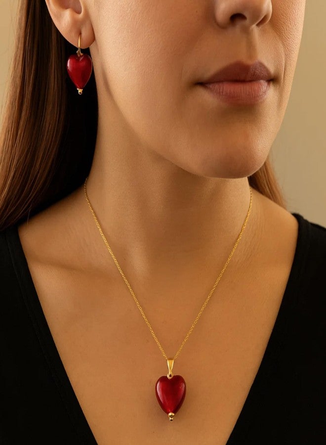 Belacqua 10k Yellow Gold Synthetic Ruby Jewelry Set for Women | Heart Pendant Necklace with Earring | Gift Box Included - Image 2