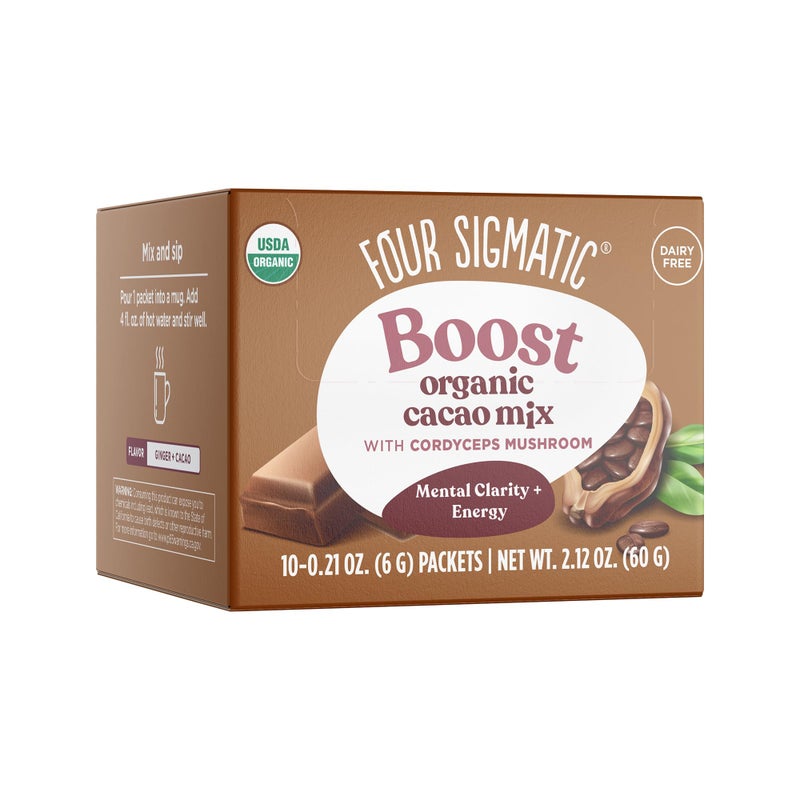 Four Sigmatic Boost Mushroom Cacao | Organic Instant Cacao with Cordyceps & Ginger | Supports Stamina & Energy | Drink it or Bake with it | 10 Packets - Image 1