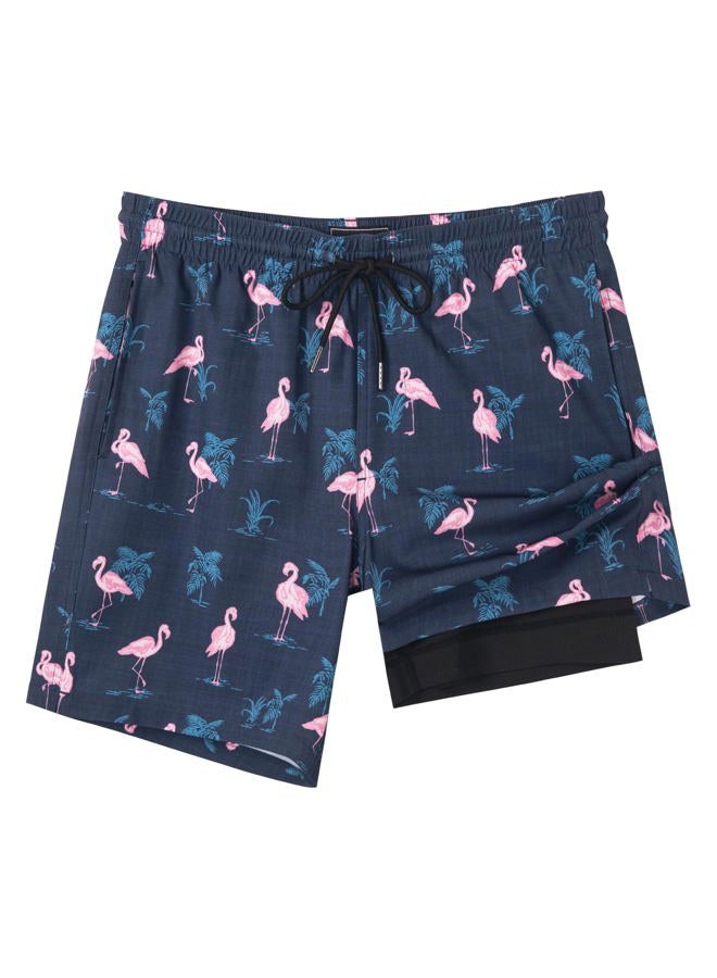 SURF CUZ Mens Swim Trunks with Compression Liner Quick Dry Swim Shorts 7" Swimming Trunks Stretch Bathing Suit Zipper Pockets,Flamingo-Black,L - Image 1