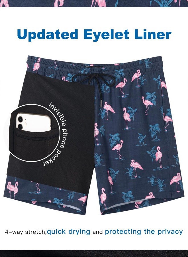 SURF CUZ Mens Swim Trunks with Compression Liner Quick Dry Swim Shorts 7" Swimming Trunks Stretch Bathing Suit Zipper Pockets,Flamingo-Black,L - Image 4