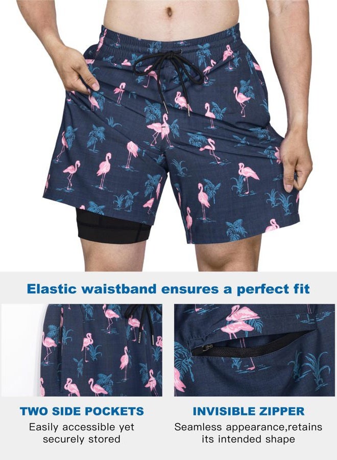 SURF CUZ Mens Swim Trunks with Compression Liner Quick Dry Swim Shorts 7" Swimming Trunks Stretch Bathing Suit Zipper Pockets,Flamingo-Black,L - Image 5