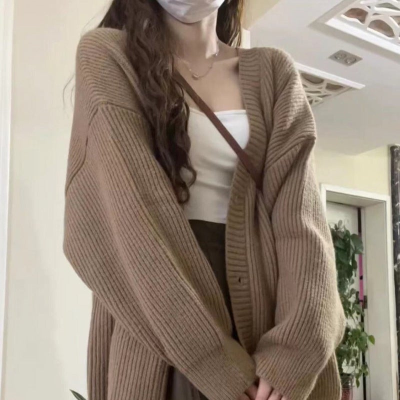 Academic Style Sweater Cardigan Female Student Korean Style Loose V-Neck All-Match Solid Color Knitted Jacket Cardigan - Image 1