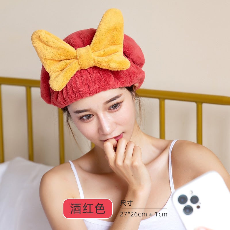 Generic Coral velvet hair drying cap shower cap cute bow plain stripe fashion simple hair drying cap adult shower cap Bow (wine red) 