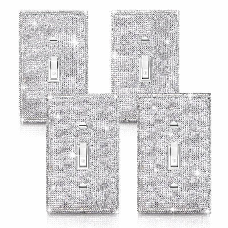 4 Pcs Silver Shiny Silver Rhinestones Wall Plate 1 Gang Toggle Light Switch Cover Decorative Durable Switch Covers