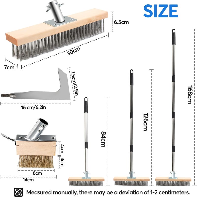 DTNESS Crack Weeder Brush Tool Set, Stainless Steel Wire Broom w/ 2 Weed Remover Brush Heads + Scraper, 63" Long Heavy Duty Weeding Puller w/Adjustable Handle for Pavers, Deck, Concrete, Moss Removal - Image 3