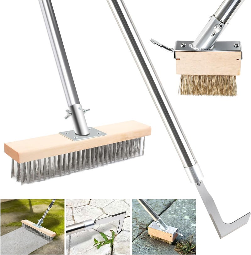 DTNESS Crack Weeder Brush Tool Set, Stainless Steel Wire Broom w/ 2 Weed Remover Brush Heads + Scraper, 63" Long Heavy Duty Weeding Puller w/Adjustable Handle for Pavers, Deck, Concrete, Moss Removal - Image 1