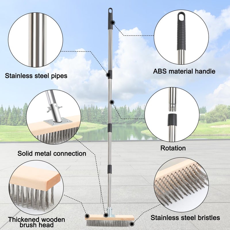 DTNESS Crack Weeder Brush Tool Set, Stainless Steel Wire Broom w/ 2 Weed Remover Brush Heads + Scraper, 63" Long Heavy Duty Weeding Puller w/Adjustable Handle for Pavers, Deck, Concrete, Moss Removal - Image 2