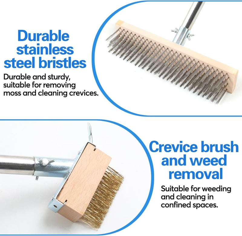 DTNESS Crack Weeder Brush Tool Set, Stainless Steel Wire Broom w/ 2 Weed Remover Brush Heads + Scraper, 63" Long Heavy Duty Weeding Puller w/Adjustable Handle for Pavers, Deck, Concrete, Moss Removal - Image 4