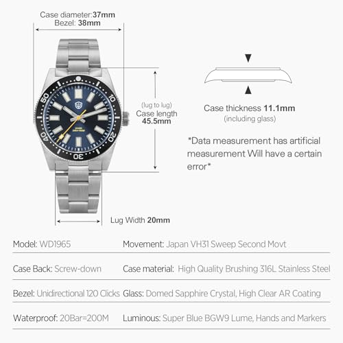 watchdives VH31 Quartz Watches WD1965 62MAS Dive Watch 38mm Domed Sapphire Crystal Luxury Wristwatch 200M Waterproof Watches Gray - Image 3