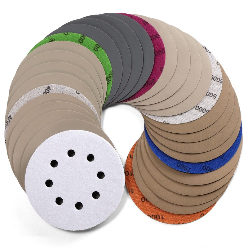 POLIWELL 5 Inch Sanding Discs Hook and Loop 8 Hole Heavy Duty Silicon Carbide Sandpaper 2000 3000 4000 5000 7000 10000 Grit with Interface Pad for Wet/Dry Sanding Grinder Polishing,30 Pack - Image 1