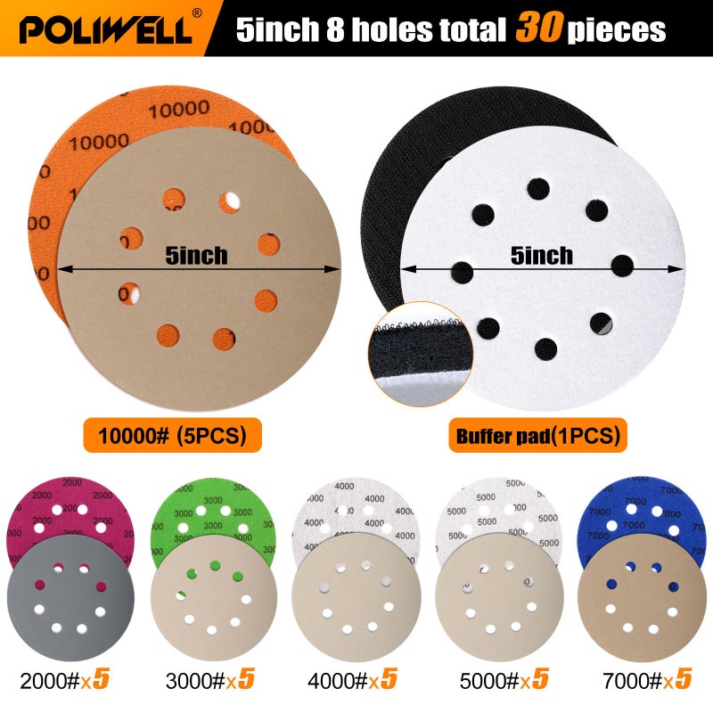 POLIWELL 5 Inch Sanding Discs Hook and Loop 8 Hole Heavy Duty Silicon Carbide Sandpaper 2000 3000 4000 5000 7000 10000 Grit with Interface Pad for Wet/Dry Sanding Grinder Polishing,30 Pack - Image 2