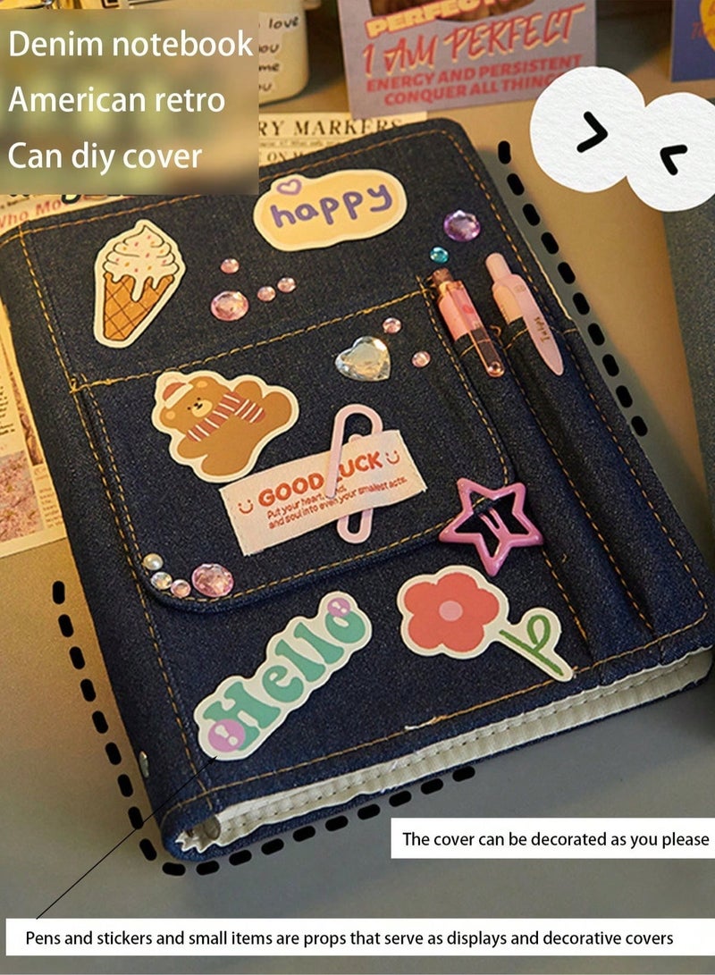 Y2K Style Aesthetic Denim A5 6-Ring Binder Notebook with Refillable Lined and Grid Paper, DIY Customizable Cover, Front Pocket and Pen Holders – Ideal for Journaling, Scrapbooking, K-pop Photocard Collecting, School and Gift Use - Image 1