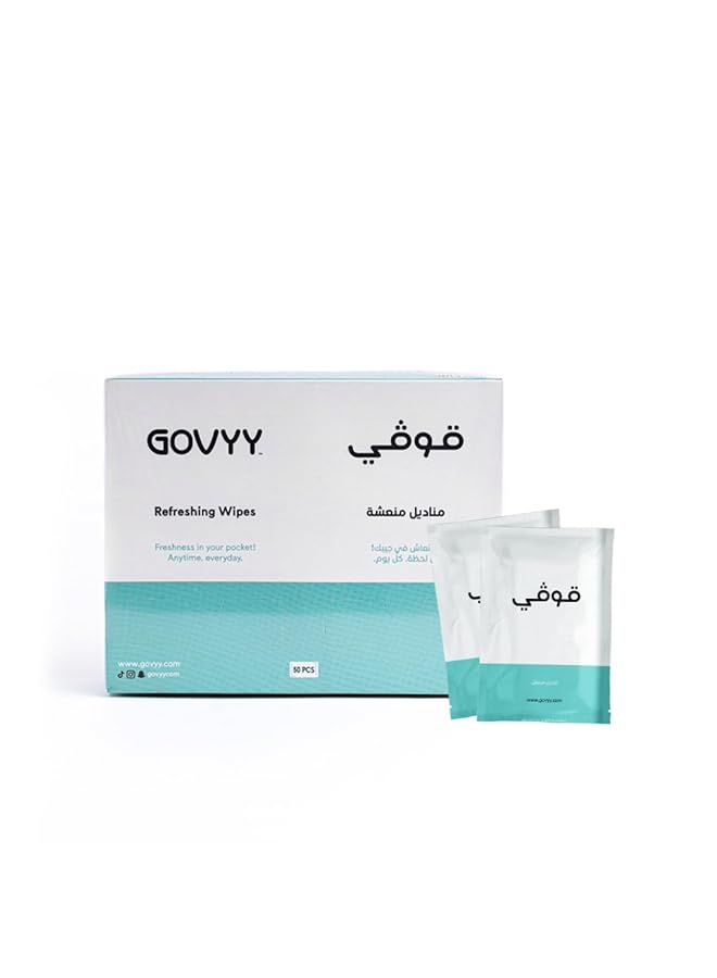 erorex Refreshing Wipes – 50 Individually Wrapped Tissues In Blue And White Ideal For Cleaning Hands On The Go And Protecting Against Surfaces In Public Places. Infused With A Refreshing Scent - Image 1