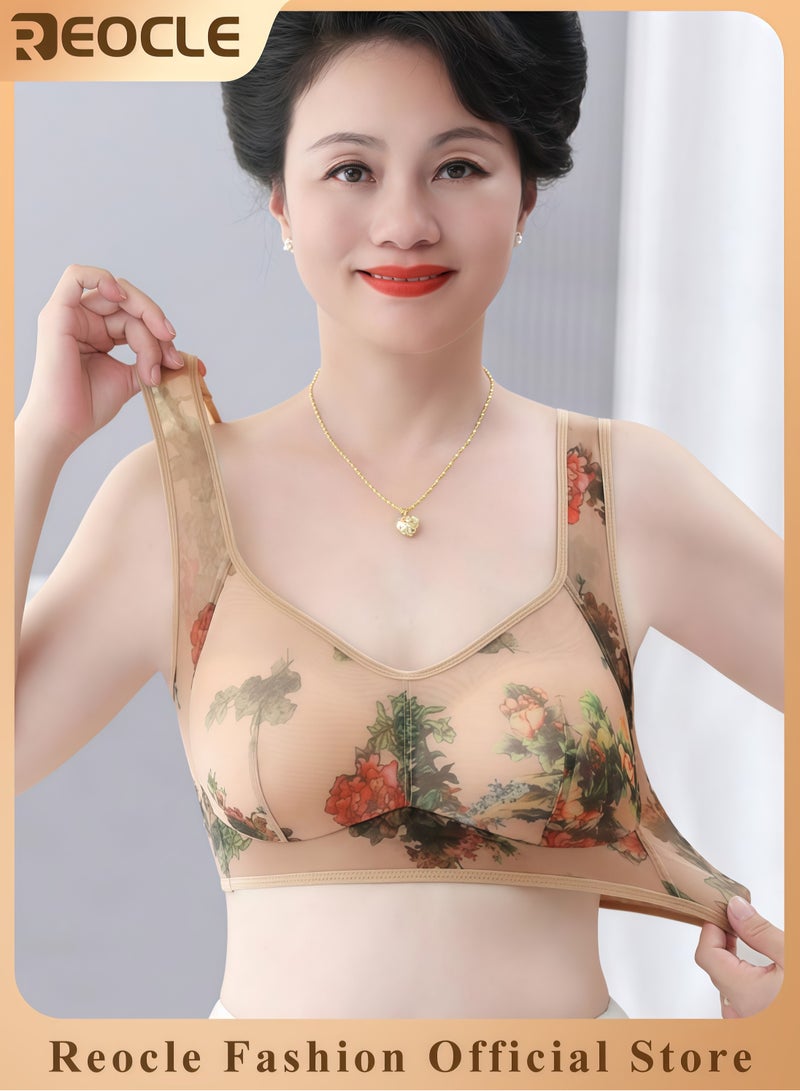 REOCLE Women's Seamless Bra without Steel Ring Flower Patterned Lingerie Vest Style Underwear Printed Underwear Big Chest Appears Small Breathable No Sensory Support Bra for Mather  - Image 1