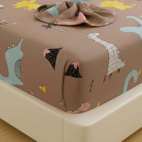 Filymore Small Dinosaurs Single Bedsheet for Kids 240 TC Cartoon Bedcover Made with Pure Microfiber(Size 60 X 90 Inches) 1 Bedsheet 1 Pillow Cover (Color-Brown) - Image 3