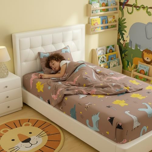 Filymore Small Dinosaurs Single Bedsheet for Kids 240 TC Cartoon Bedcover Made with Pure Microfiber(Size 60 X 90 Inches) 1 Bedsheet 1 Pillow Cover (Color-Brown) - Image 5
