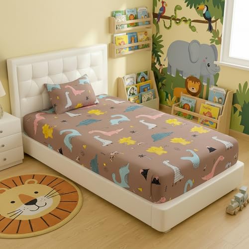 Filymore Small Dinosaurs Single Bedsheet for Kids 240 TC Cartoon Bedcover Made with Pure Microfiber(Size 60 X 90 Inches) 1 Bedsheet 1 Pillow Cover (Color-Brown) - Image 1