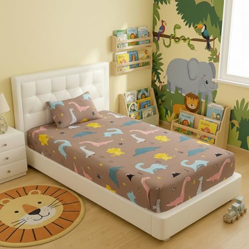 Filymore Small Dinosaurs Single Bedsheet for Kids 240 TC Cartoon Bedcover Made with Pure Microfiber(Size 60 X 90 Inches) 1 Bedsheet 1 Pillow Cover (Color-Brown) - Image 4