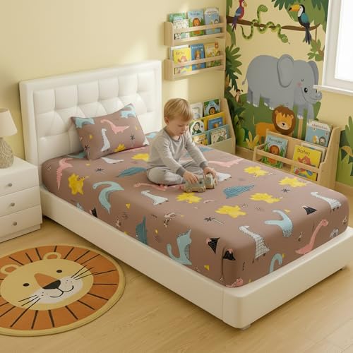 Filymore Small Dinosaurs Single Bedsheet for Kids 240 TC Cartoon Bedcover Made with Pure Microfiber(Size 60 X 90 Inches) 1 Bedsheet 1 Pillow Cover (Color-Brown) - Image 2