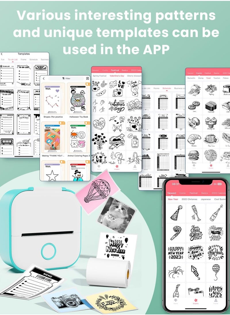 Excefore - Mini Sticker Printer, T02 Sticker Printer, Sticker Maker Machine, with 3 Rolls Paper, Pocket Sticker Printer Machine for Kids, Anatomy Flashcards, Journal, Photos, Notes, Kids Gift, Green - Image 1