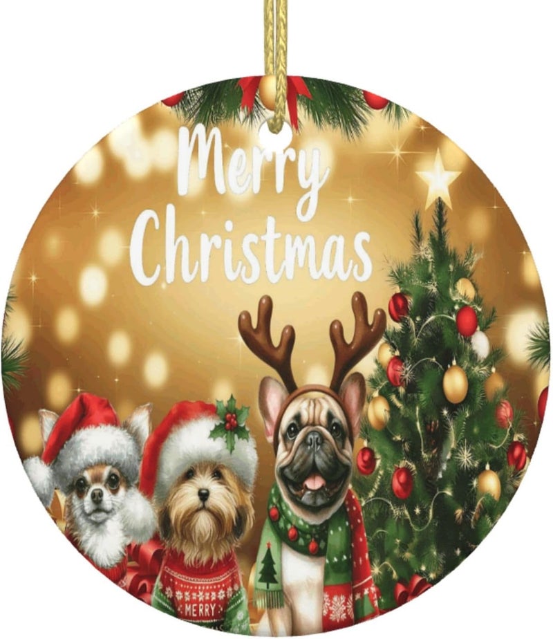Dog Christmas Ornaments Ceramic Xmas Tree Hanging Ornament Round Ceramic Ornament Holiday Decoration for Men Women Friends Couples Wedding Anniversary Memorial - Image 1