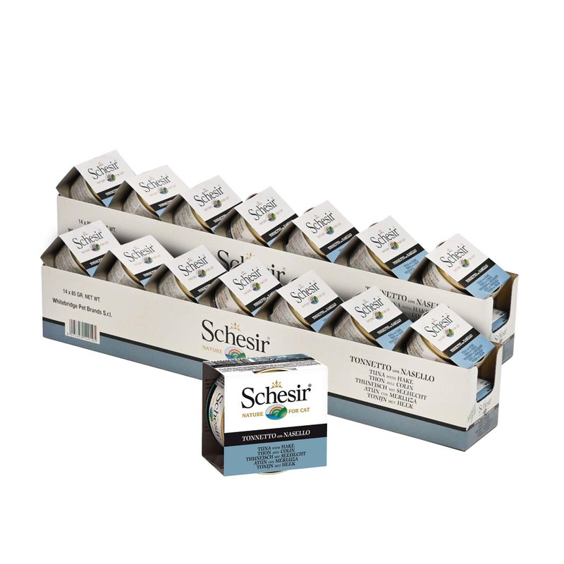 Schesir Tuna Whole Meat with Hake in Jelly Cat Wet Food - 85 gm Pouch | Premium Protein-Rich Seafood Meal for Adult Cats, Gently Steam-Cooked & Natural (Pack of 30) - Image 1