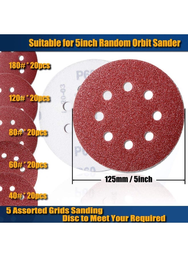 100pcs 5 inch Sanding Discs Hook and Loop, (8 Hole Orbital Sander Sandpaper, 20 x 40/60/80/120/180 Grit Orbital Sander Pads), Round Sandpaper Discs by - Image 4