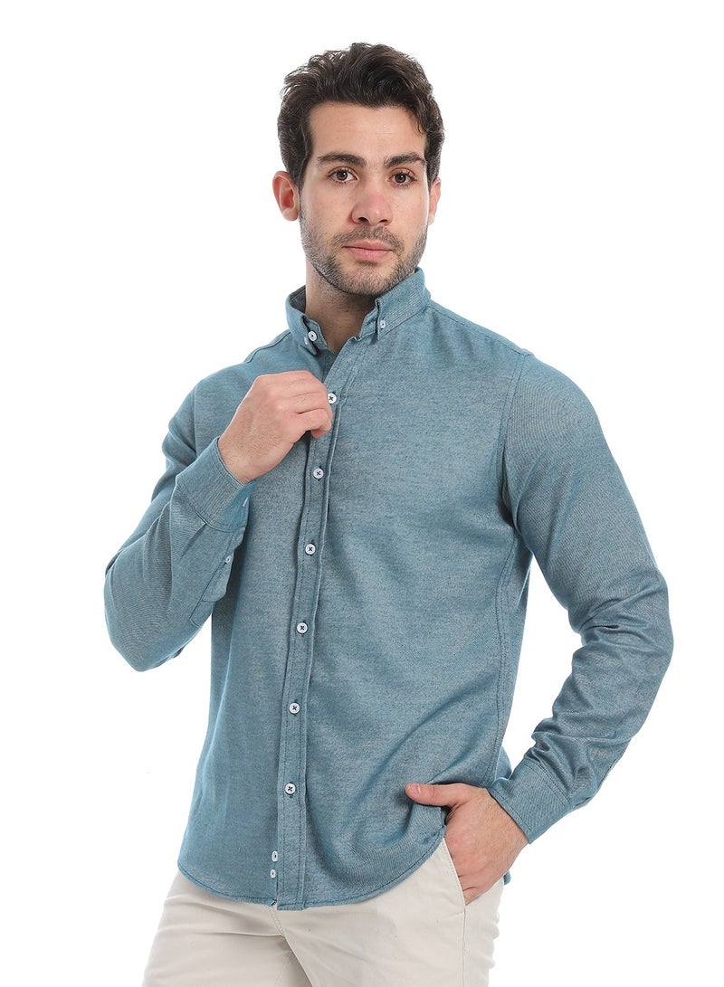 Andora Classic Heather Cotton Long Sleeve Shirt_Heather Greenish Blue - Image 2