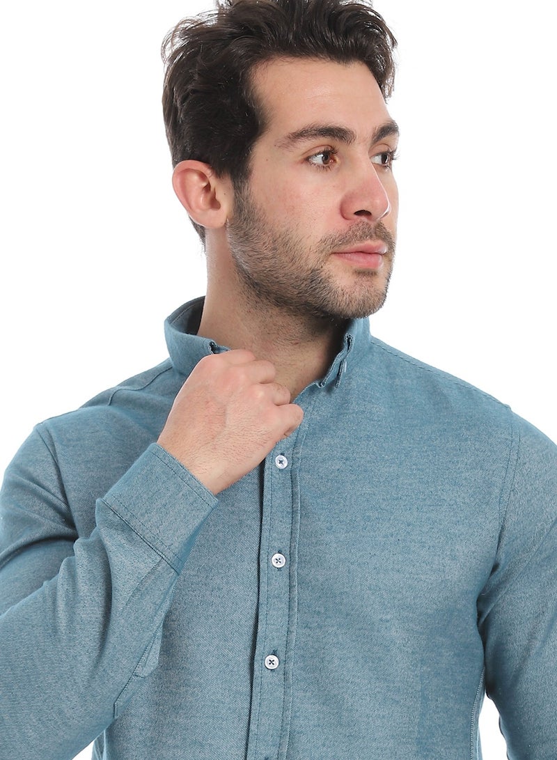 Andora Classic Heather Cotton Long Sleeve Shirt_Heather Greenish Blue - Image 4