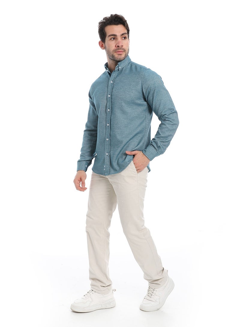 Andora Classic Heather Cotton Long Sleeve Shirt_Heather Greenish Blue - Image 5