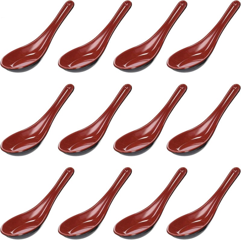 Comicfs Asian Soup Spoons - 12pc Set, Japanese Style, Perfect for Soba, Rice, Pho, Ramen & Won Ton Soup - Red & Black - Image 1