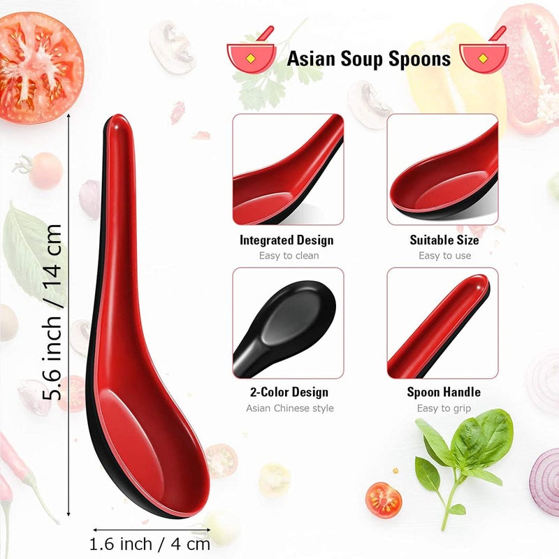Comicfs Asian Soup Spoons - 12pc Set, Japanese Style, Perfect for Soba, Rice, Pho, Ramen & Won Ton Soup - Red & Black - Image 2