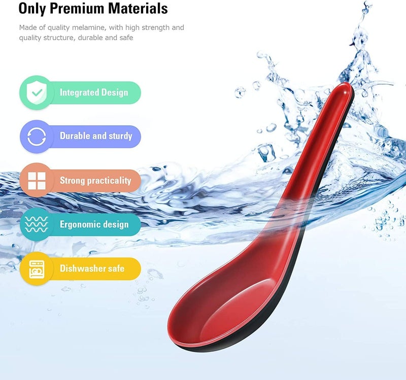 Comicfs Asian Soup Spoons - 12pc Set, Japanese Style, Perfect for Soba, Rice, Pho, Ramen & Won Ton Soup - Red & Black - Image 3