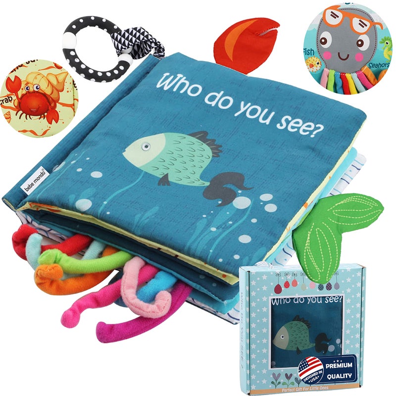 Bebe Mondo Fish Soft Baby Book Toys,Touch and Feel Cloth Crinkle Books for Babies, Infant Baby Toys 0-3-6-12-18 Months,Early Learning Education Toys,Mirror Toy,Shower Baby Gifts Christmas for Boys Girls-GIF Box - Image 1