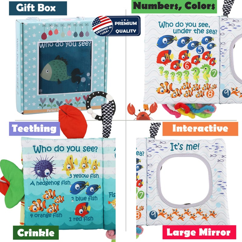 Bebe Mondo Fish Soft Baby Book Toys,Touch and Feel Cloth Crinkle Books for Babies, Infant Baby Toys 0-3-6-12-18 Months,Early Learning Education Toys,Mirror Toy,Shower Baby Gifts Christmas for Boys Girls-GIF Box - Image 5
