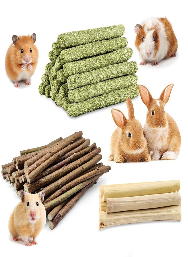 WDEFUN Natural Pet Chew Toys Set - 20 Timothy Hay Sticks 20 Apple Tree Branches 5 Sweet Bamboo, Safe Chewing Toys for Rabbit, Guinea Pig, Hamster, Chinchilla, Gerbil - Teeth Grinding & Boredom Relief - Image 1