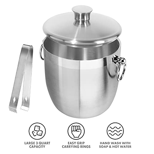 OGGI Double Wall Stainless Steel Ice Bucket - Insulated Ice Bucket with Elegant Steel Lid, Classic Handles & Stainless Steel Ice Tongs - Great for Home Bar, Chilling Beer, Champagne and Wine - 3 qt - Image 4