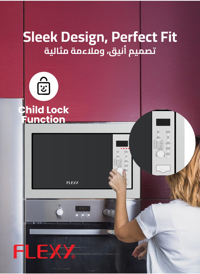30L Built-In Microwave Oven with Grill, 950W Power, 8 Auto Menus, Timer, Defrost, Glass Door, Button & Knob Control, 2-Year Warranty
