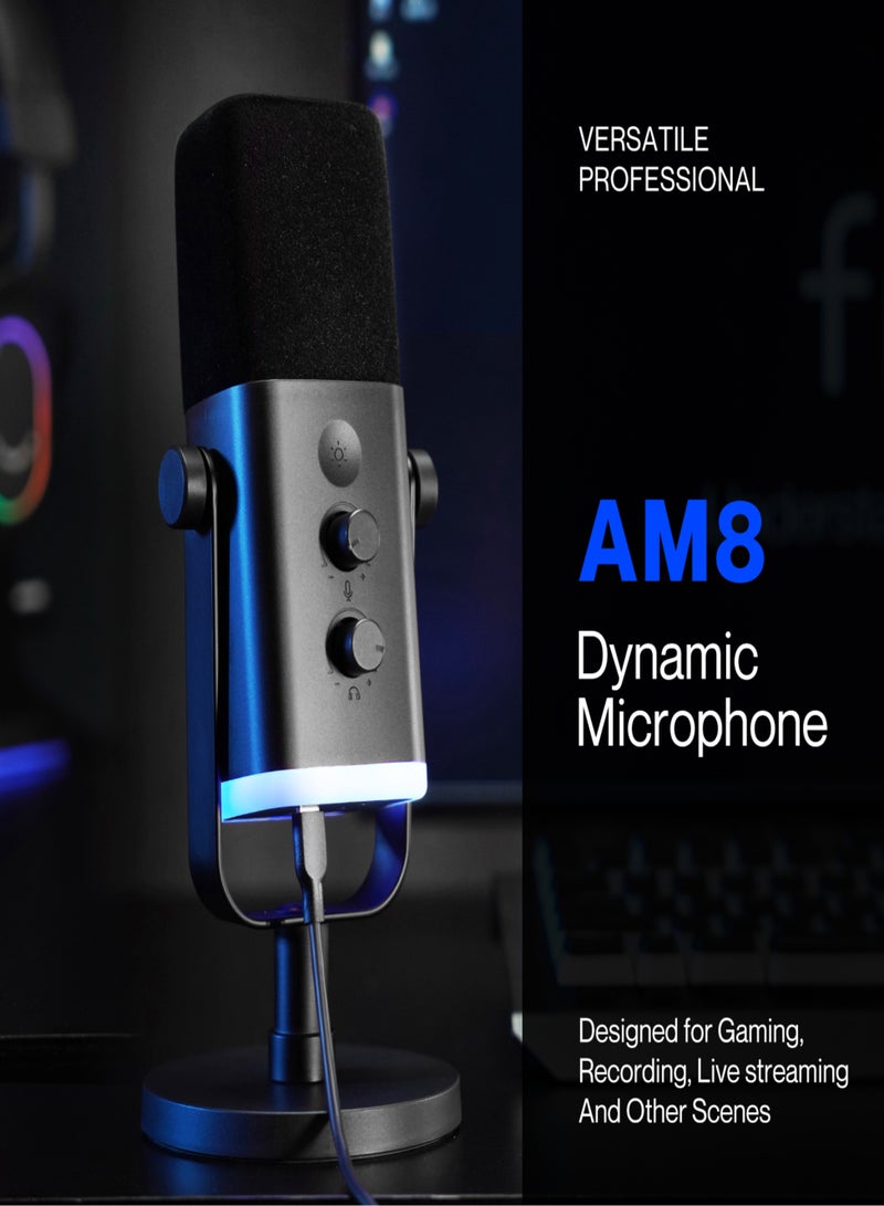 فيفين ميكروفون ديناميكي FIFINE XLR/USB لتسجيل البودكاست، ميكروفون للبث المباشر للألعاب على الكمبيوتر مع إضاءة RGB، زر كتم الصوت، مدخل سماعات، قاعدة مكتب، ميكروفون صوتي للغناء على يوتيوب - AmpliGame AM8 - Image 3