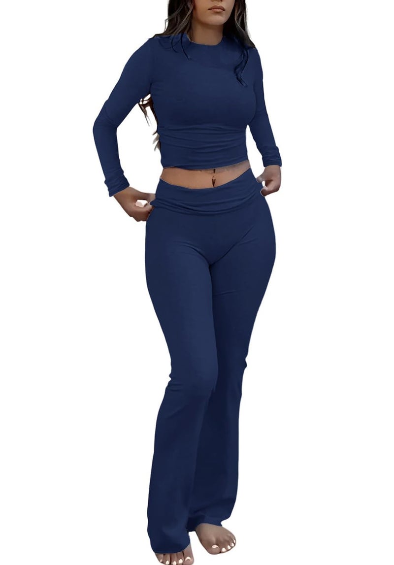 ZFLM Casual Workout Two Piece Outfits Long Sleeve High Waist Fold-Over Flared Leggings Pants Tracksuit Sets Streetwear