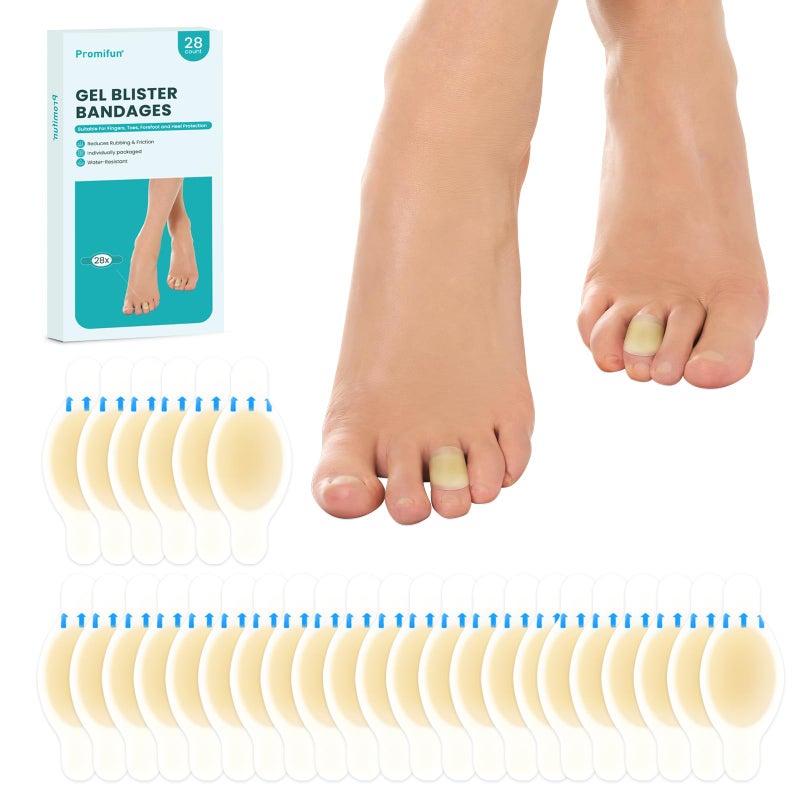 Promifun Blister Bandages Blister Pads - 28 ct Blister Cushions - Water Resistant Hydrocolloid Bandage for Foot, Toe, Heel - Gel Blister Bandages for Prevention & Recovery, Toe Pack - Image 1