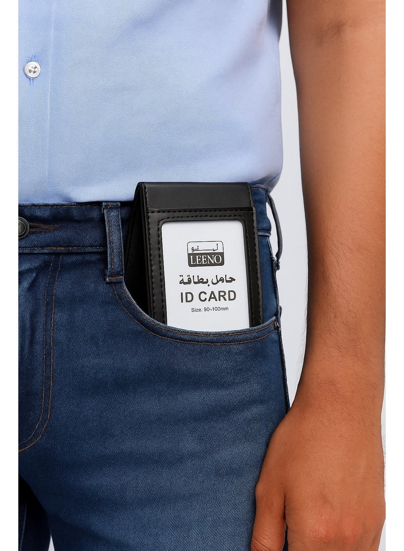 لينو حامل بطاقة جلد طبيعي فاخر، مقاس 68x100 ملم، تصميم عمودي، أسود، مناسب للمكاتب والمدارس والعمل والفعاليات - Image 5