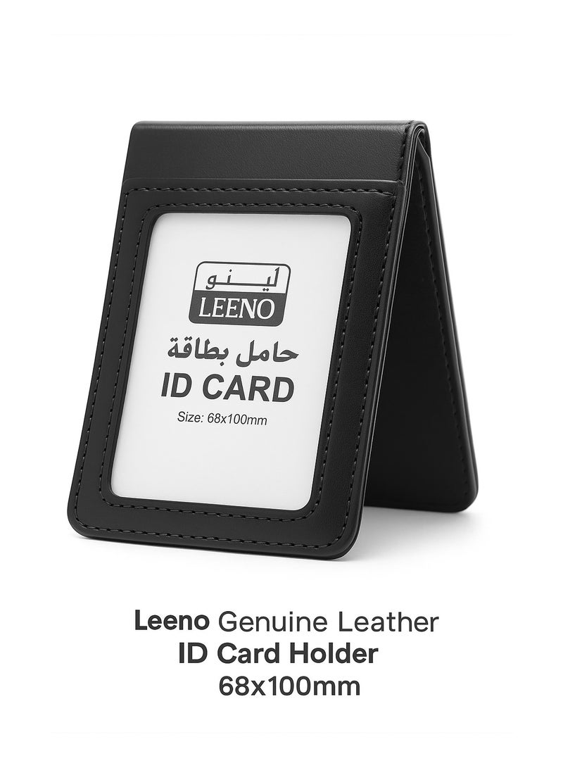 لينو حامل بطاقة جلد طبيعي فاخر، مقاس 68x100 ملم، تصميم عمودي، أسود، مناسب للمكاتب والمدارس والعمل والفعاليات - Image 1