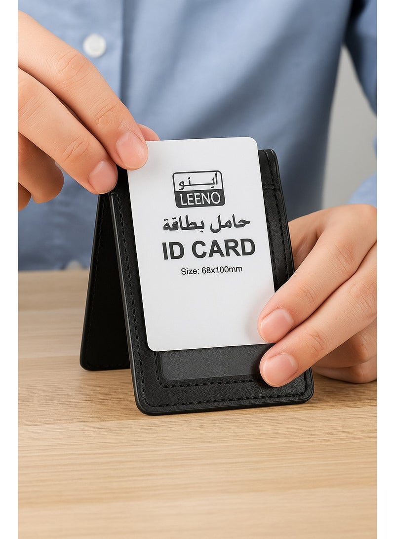 لينو حامل بطاقة جلد طبيعي فاخر، مقاس 68x100 ملم، تصميم عمودي، أسود، مناسب للمكاتب والمدارس والعمل والفعاليات - Image 4