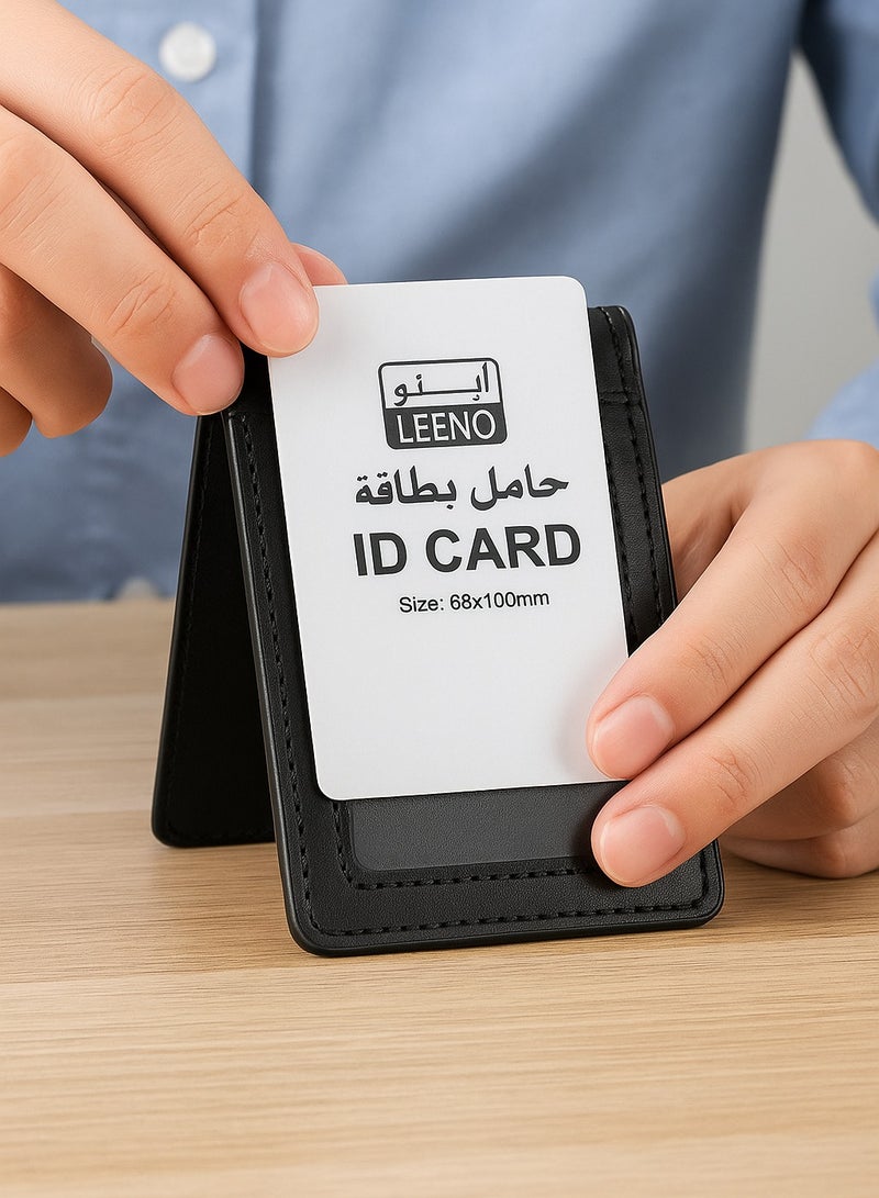 لينو حامل بطاقة جلد طبيعي فاخر، مقاس 68x100 ملم، تصميم عمودي، أسود، مناسب للمكاتب والمدارس والعمل والفعاليات - Image 2