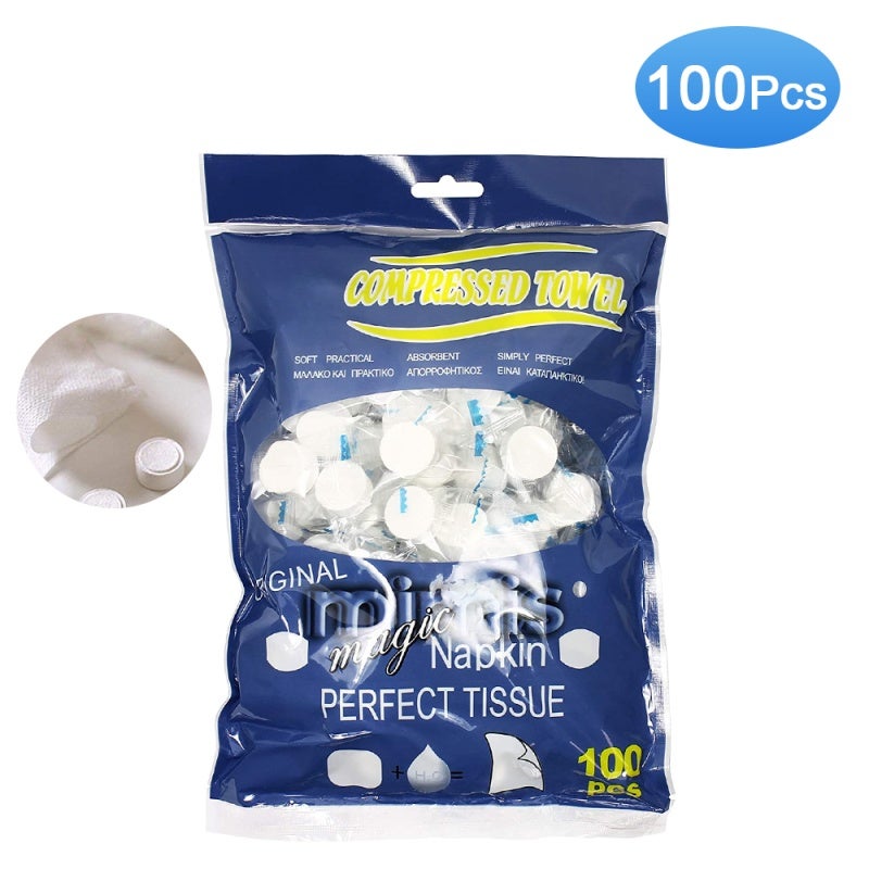 Compressed Towels 100 Pcs Cotton Material - Pocket-Sized Expandable 9.4" * 7.8" Biodegradable Towels for Travel Business Trip Baby Adult - Image 1