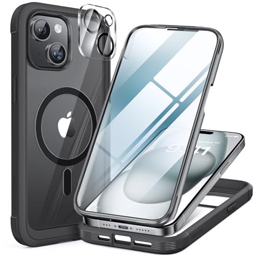 Miracase Glass Series for iPhone 15 Case [Compatible with MagSafe] Full-Body Magnetic Bumper Case with Built-in 9H Tempered Glass Anti-Fingerprint Screen Protector + Camera Lens Protector, Black - Image 1