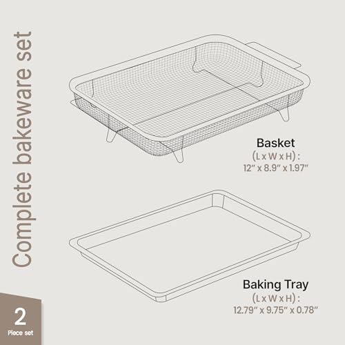 Bakken- Swiss Bakken-Swiss Air Fryer Tray, 2 in 1 Nonstick Crisper Air Fry Basket w/Elevated Mesh Great for Oven, Dishwasher Safe – Ceramic Coating PTFE/PFOA/PFOS FREE Extra-large (9.5"x13", Gray) - Image 2